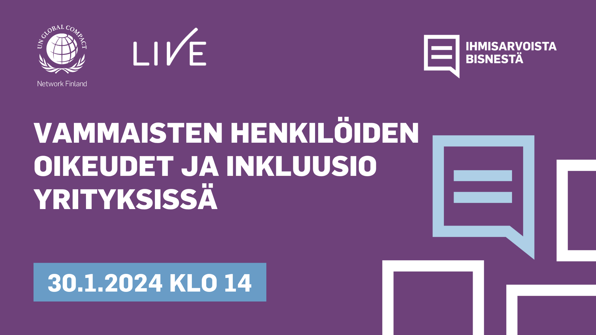 Tule oppimaan, kuinka yritykset voivat edistää vammaisten henkilöiden oikeuksia ja työelämäosallisuutta omassa toiminnassaan. Tilaisuudessa pääset myös kuulemaan käytännön esimerkkejä monimuotoisista työyhteisöistä.